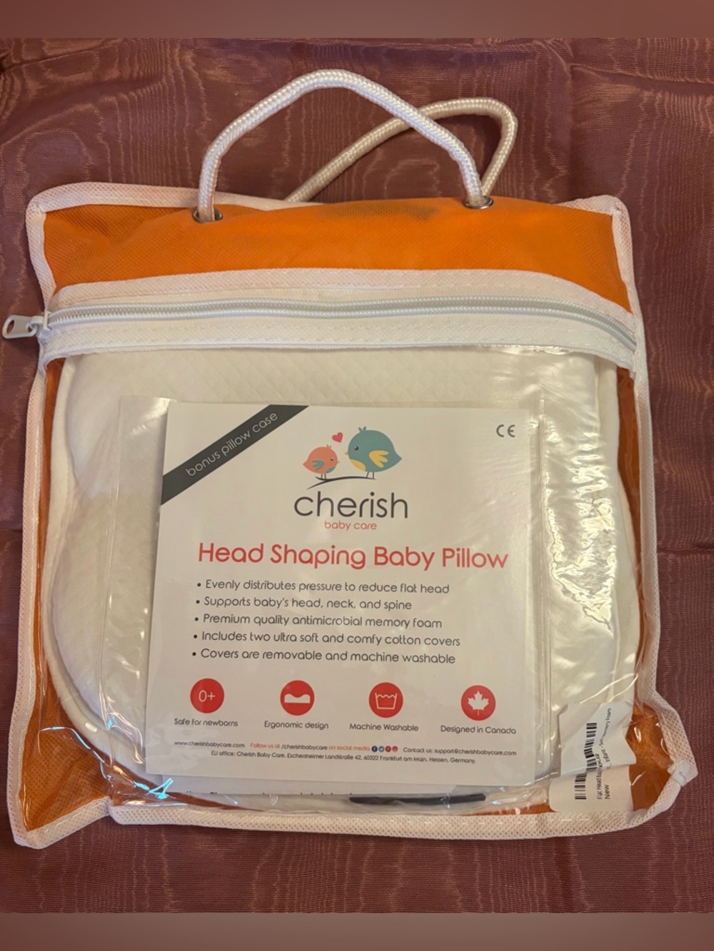Cherish Orange and White Head Shaping Baby Pillow NWT